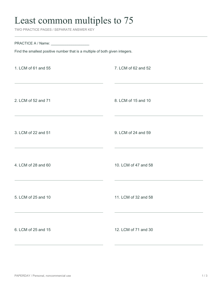 Preview of Least common multiples to 75 - practice and answers