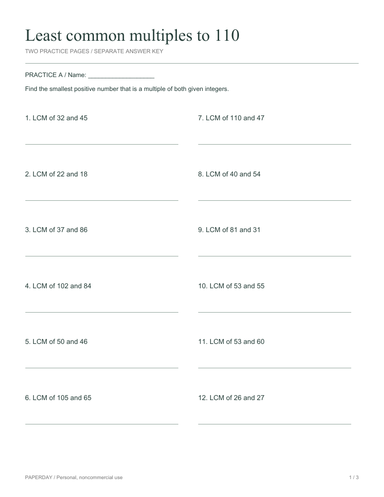 Preview of Least common multiples to 110 - practice and answers