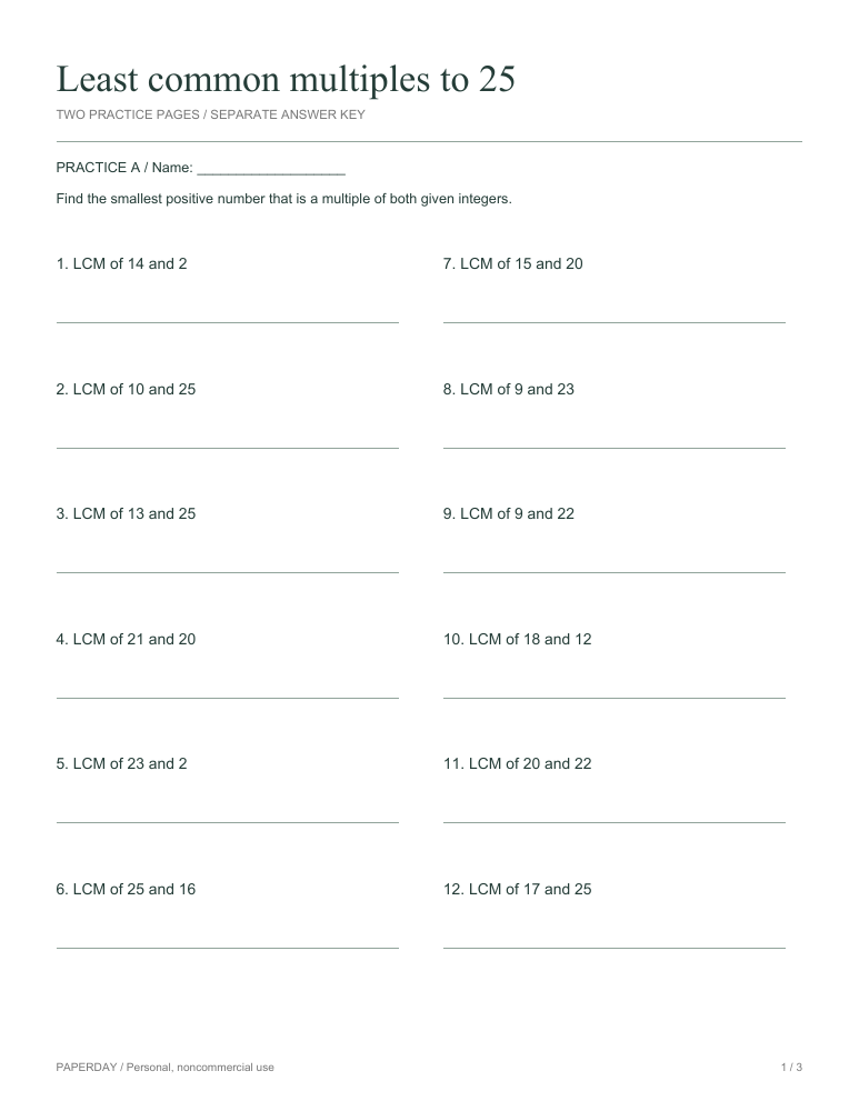 Preview of Least common multiples to 25 - practice and answers