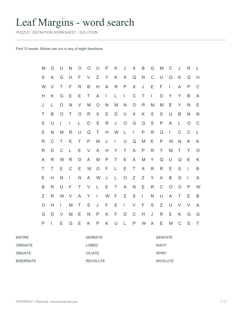 Preview of Leaf Margins Word Search