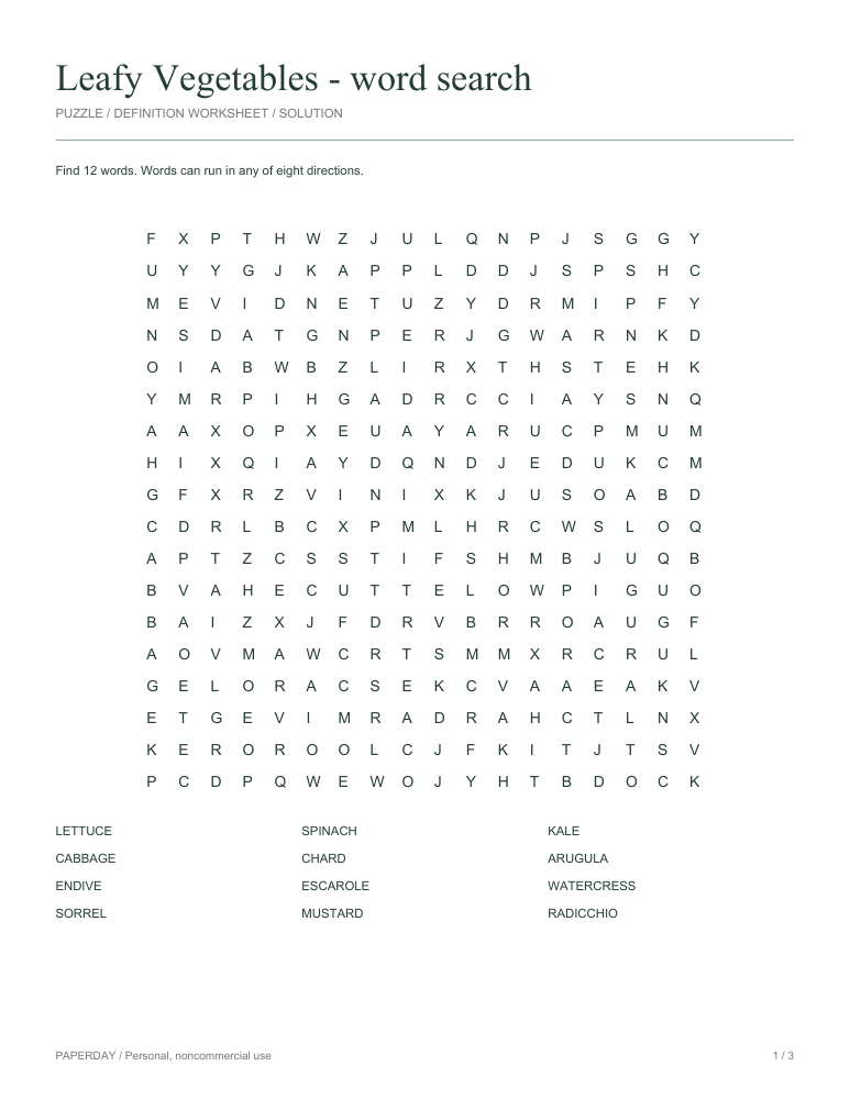 Preview of Leafy Vegetables Word Search