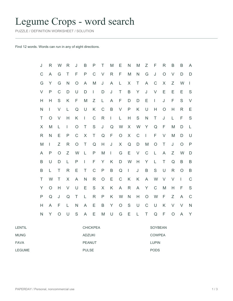 Preview of Legume Crops Word Search