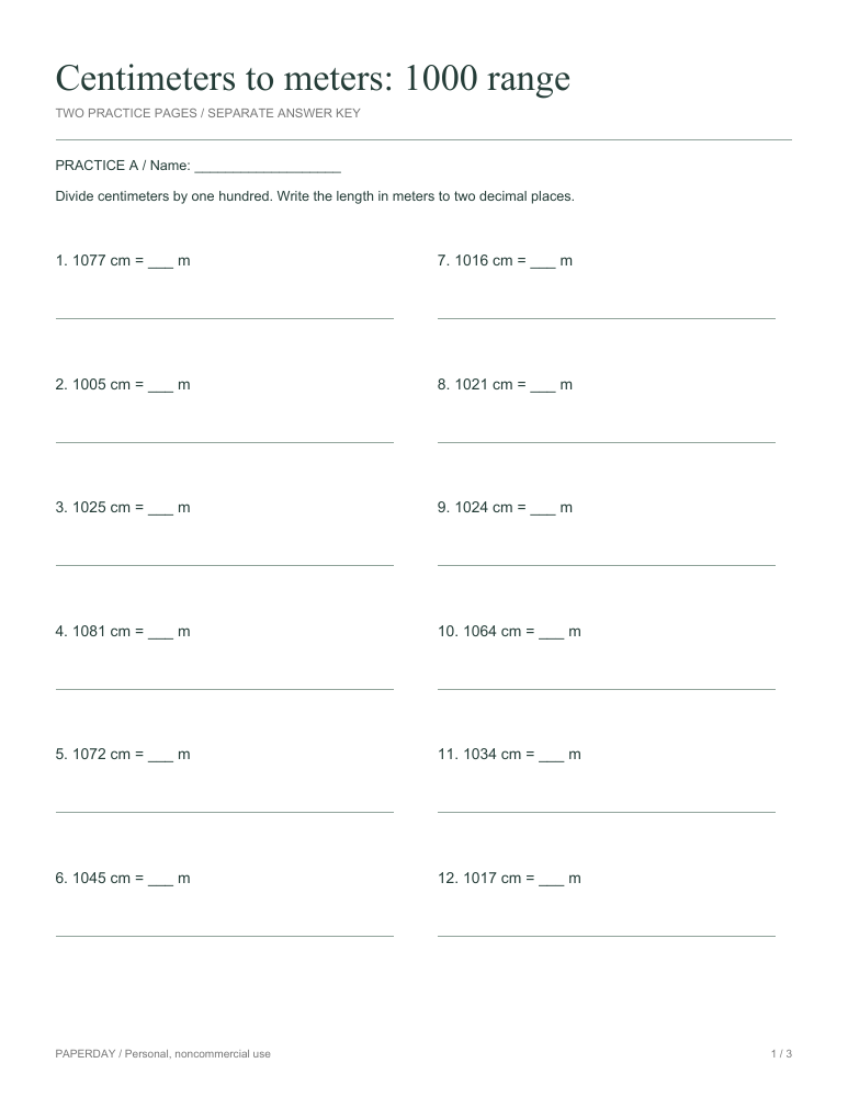 Preview of Centimeters to meters: 1000 range - practice and answers