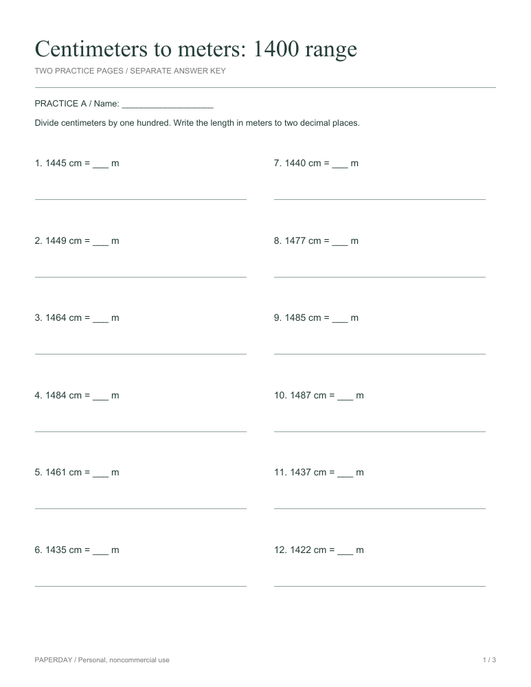 Preview of Centimeters to meters: 1400 range - practice and answers