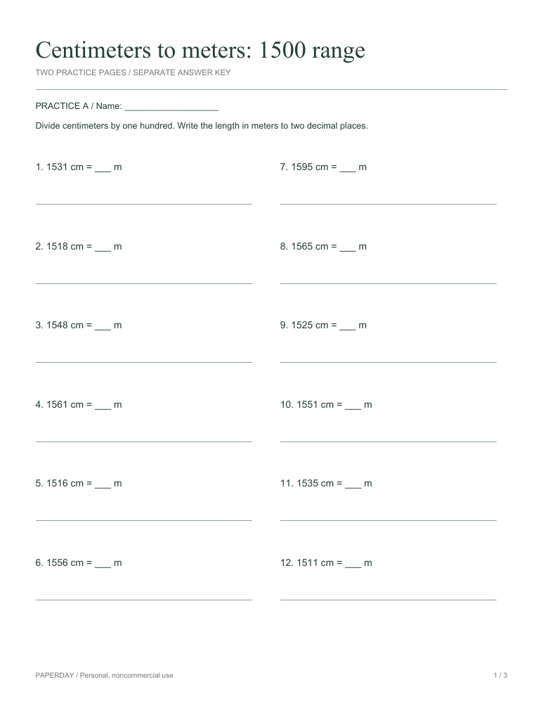 Preview of Centimeters to meters: 1500 range - practice and answers