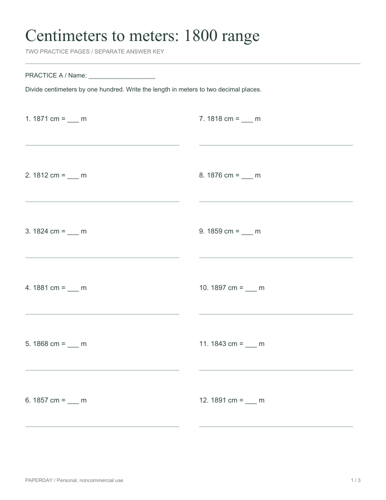 Preview of Centimeters to meters: 1800 range - practice and answers