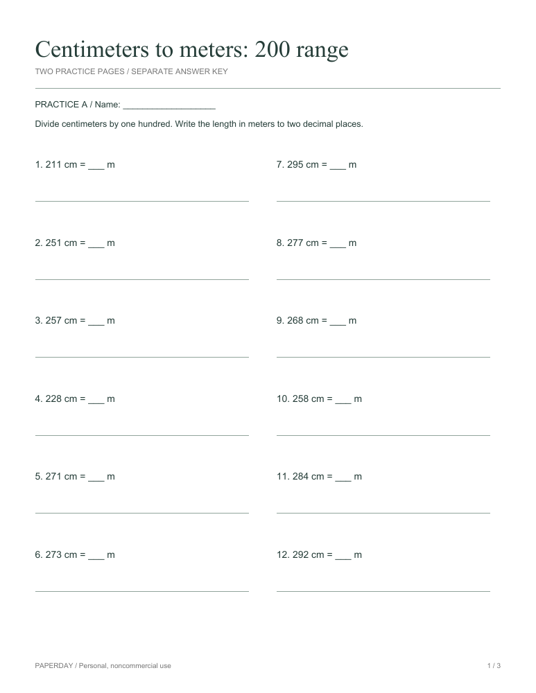 Page one of Centimeters to meters: 200 range - practice and answers