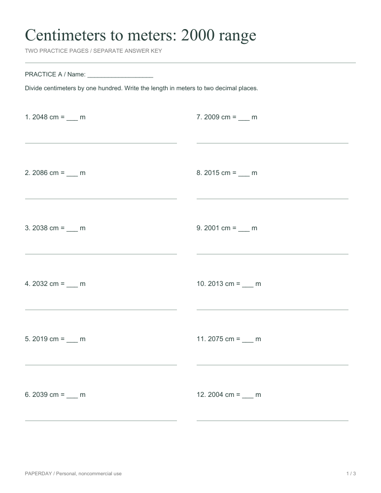 Preview of Centimeters to meters: 2000 range - practice and answers
