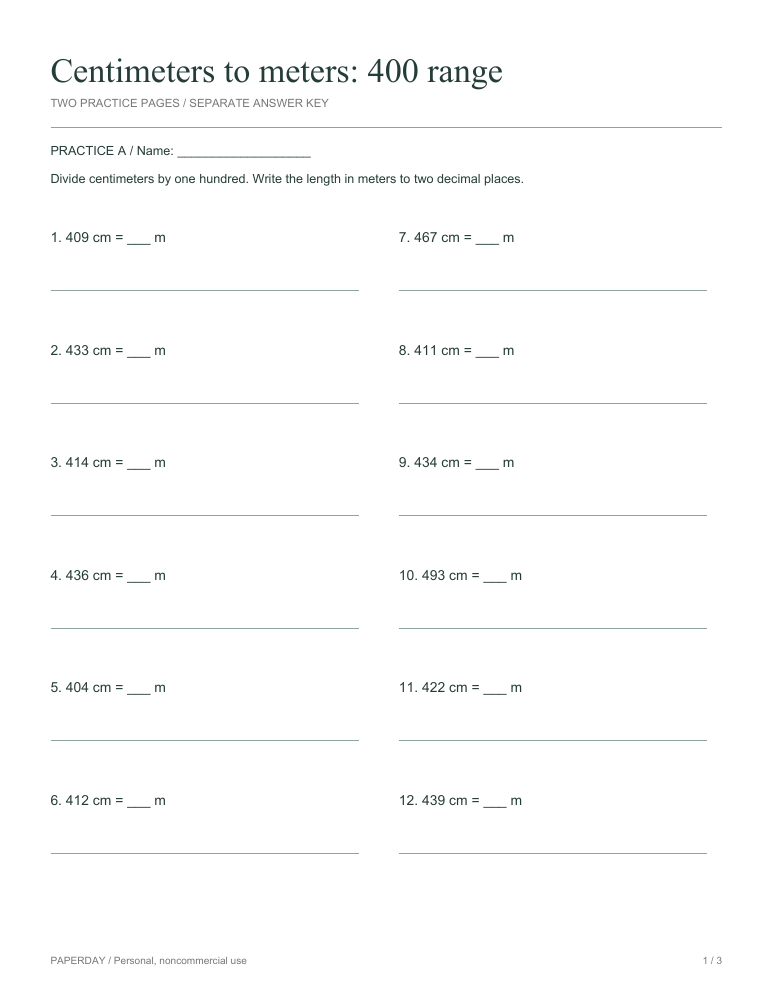 Page one of Centimeters to meters: 400 range - practice and answers