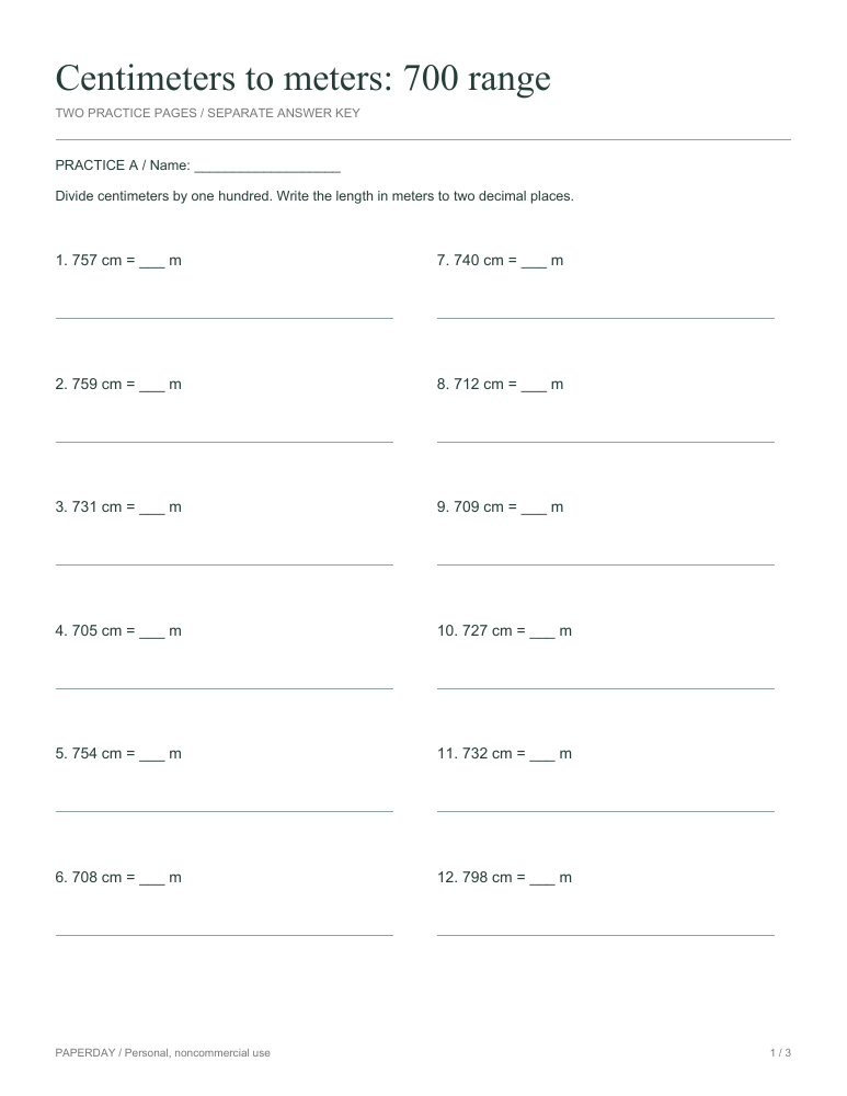 Page one of Centimeters to meters: 700 range - practice and answers