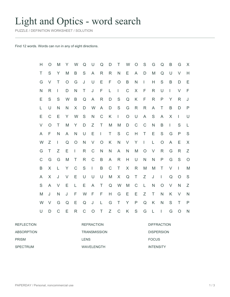Preview of Light and Optics Word Search