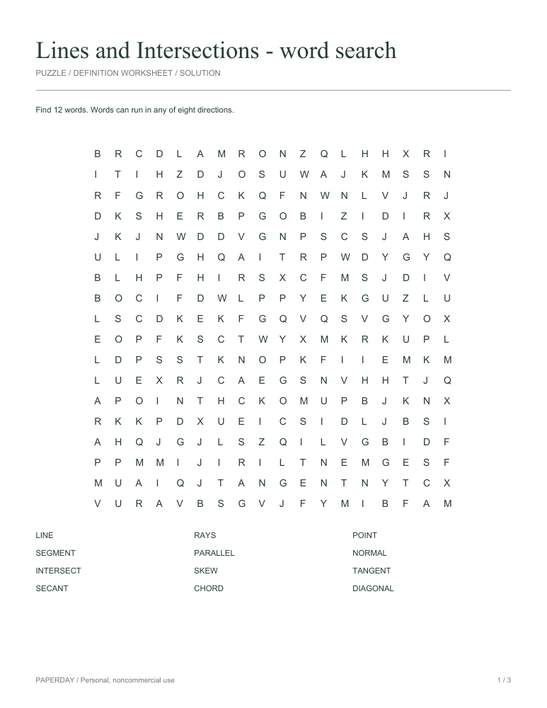Preview of Lines and Intersections Word Search