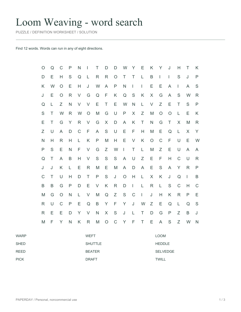 Preview of Loom Weaving Word Search