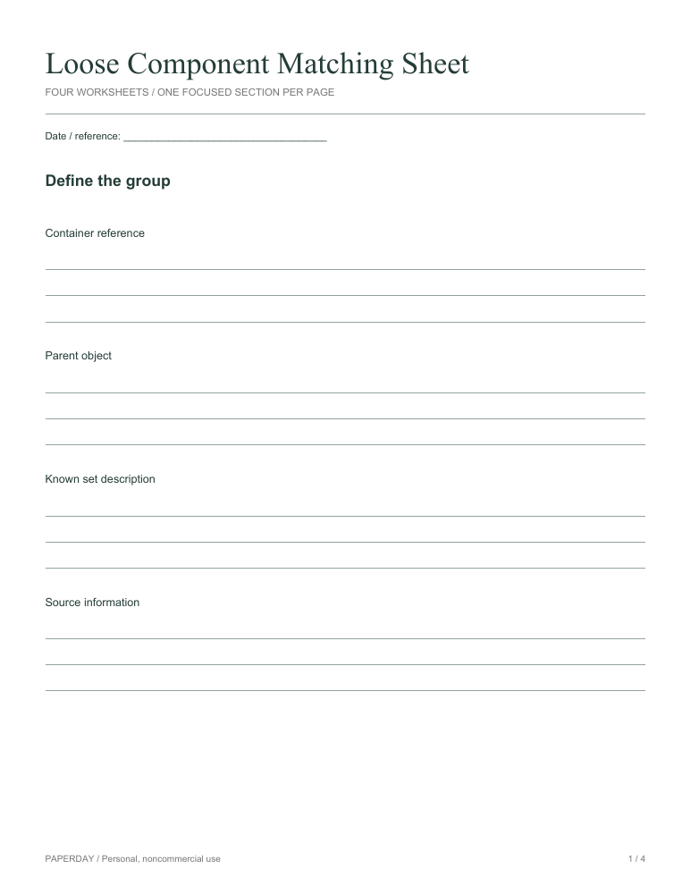 Page one of Loose Component Matching Sheet