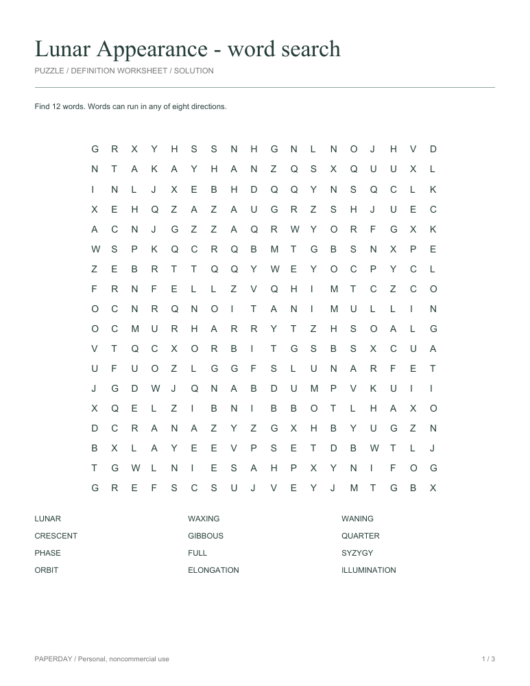 Preview of Lunar Appearance Word Search