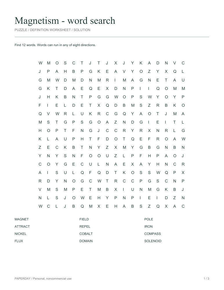 Preview of Magnetism Word Search