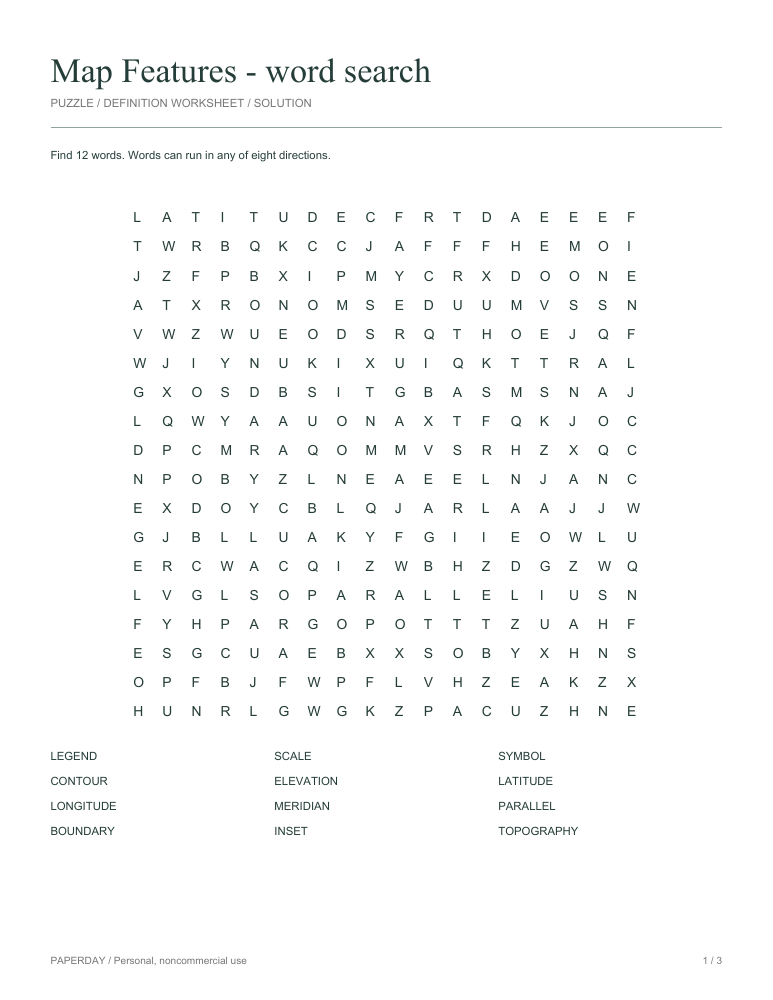 Preview of Map Features Word Search