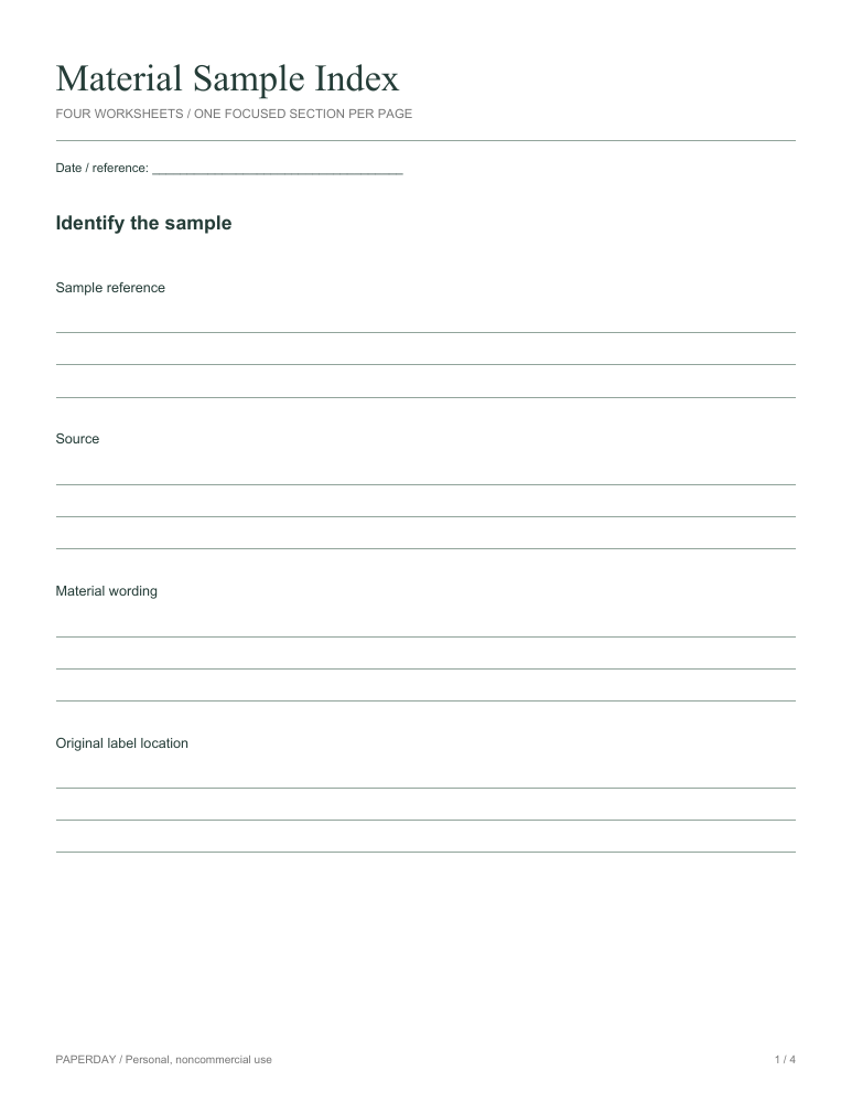 Page one of Material Sample Index