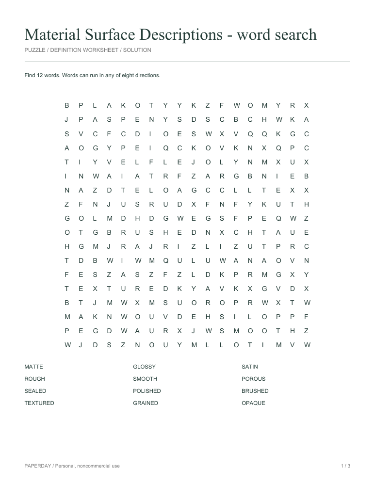 Preview of Material Surface Descriptions Word Search