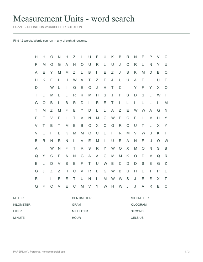 Preview of Measurement Units Word Search