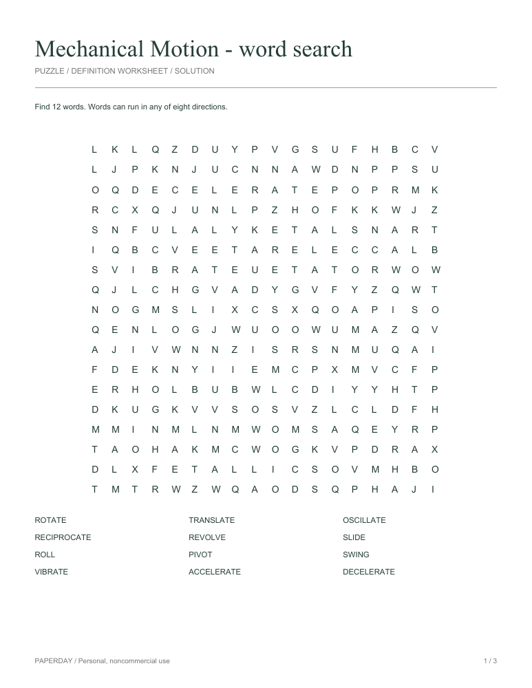 Preview of Mechanical Motion Word Search