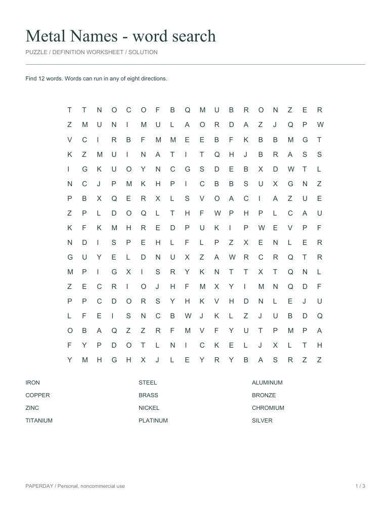 Preview of Metal Names Word Search