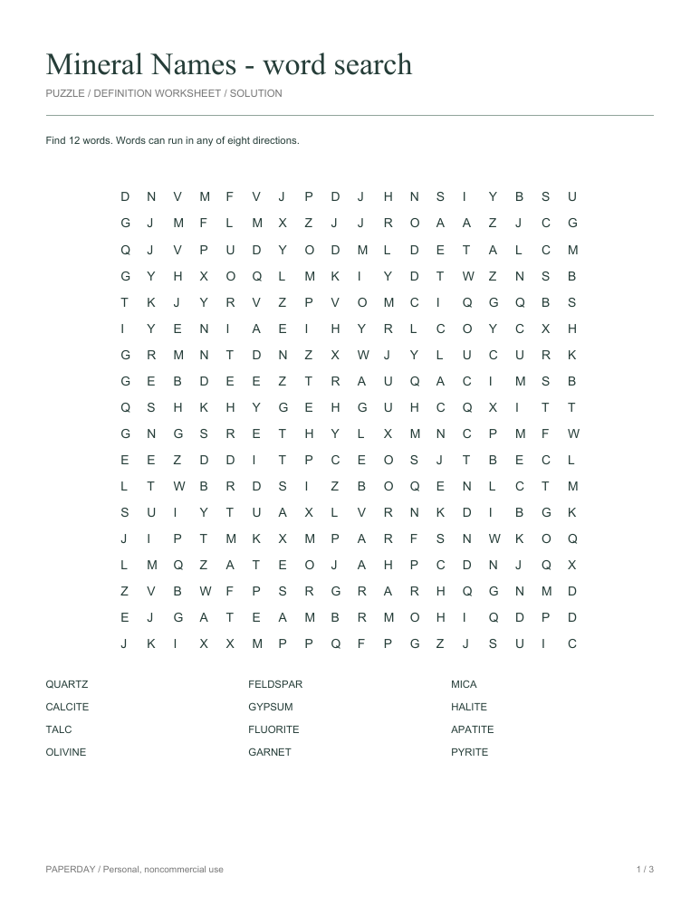 Preview of Mineral Names Word Search