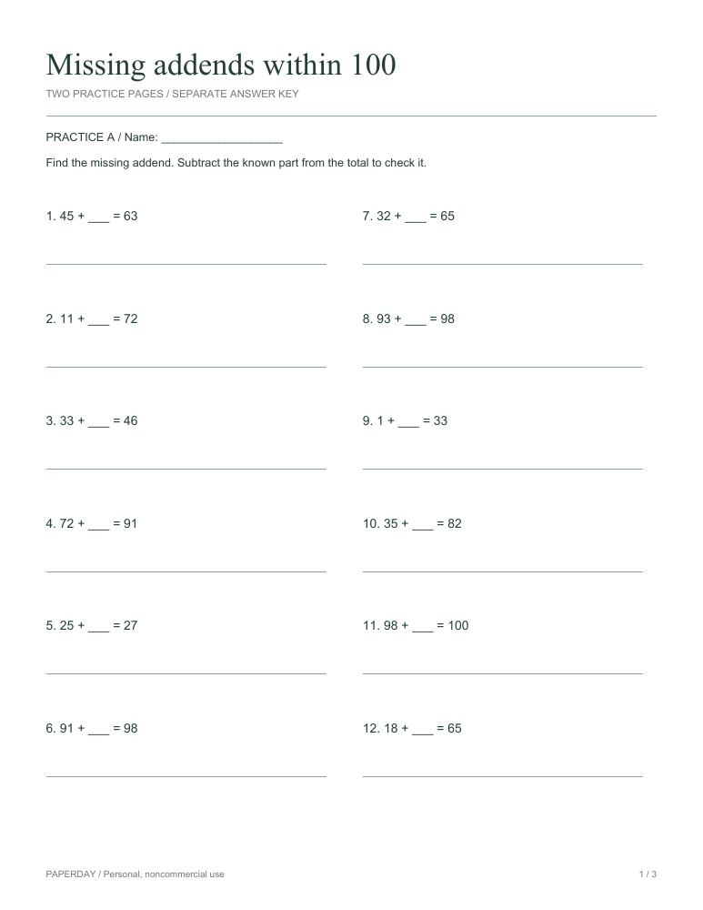 Page one of Missing addends within 100 - practice and answers