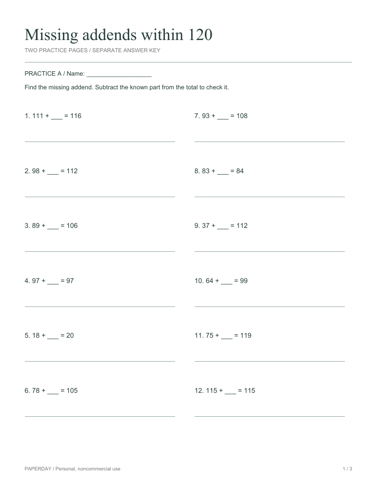 Page one of Missing addends within 120 - practice and answers