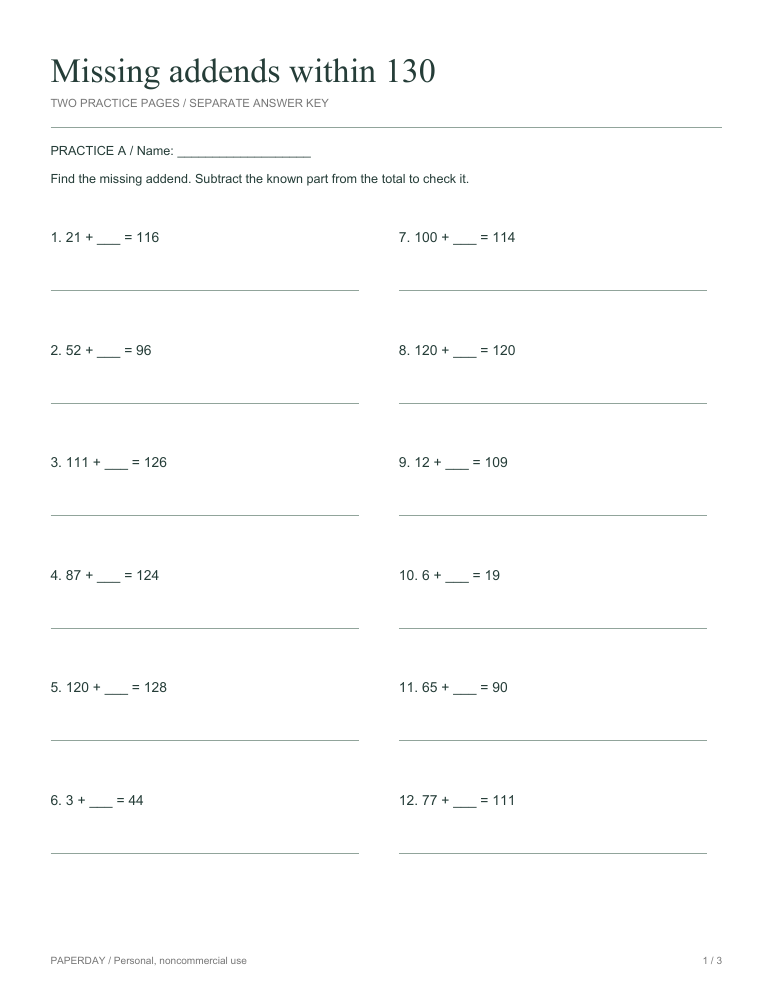 Page one of Missing addends within 130 - practice and answers