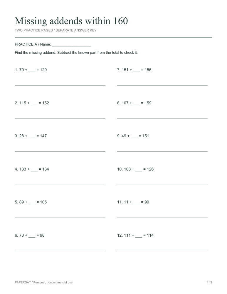 Page one of Missing addends within 160 - practice and answers