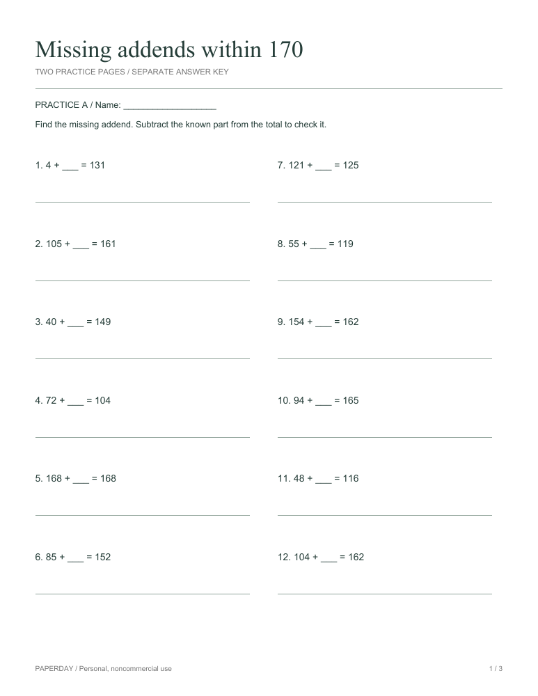 Page one of Missing addends within 170 - practice and answers