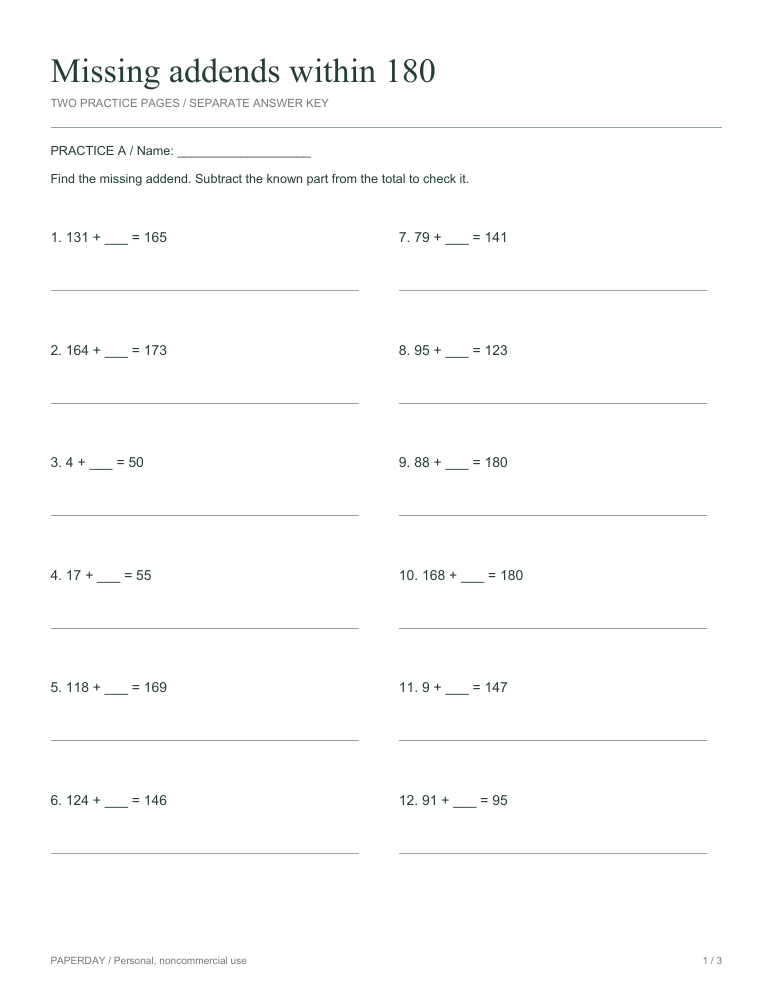 Page one of Missing addends within 180 - practice and answers