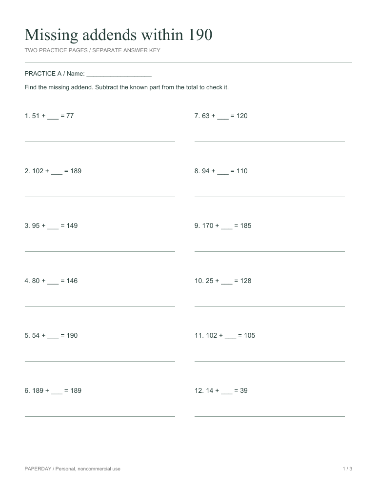 Page one of Missing addends within 190 - practice and answers