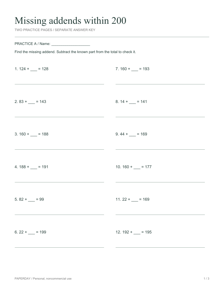Page one of Missing addends within 200 - practice and answers