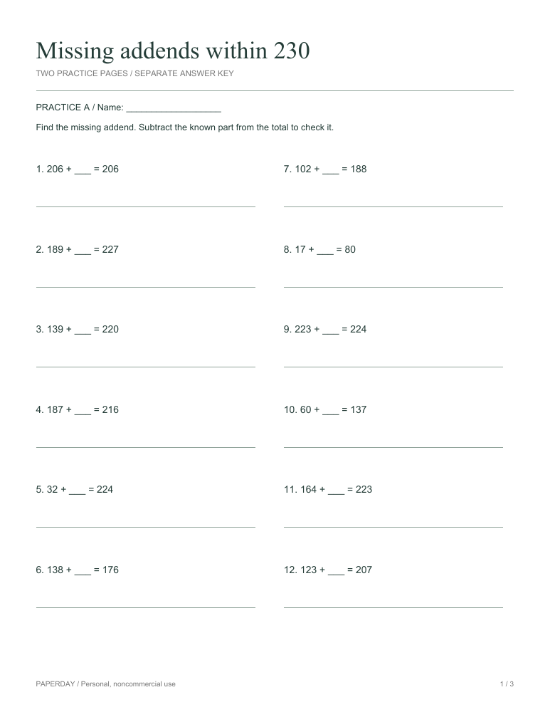 Page one of Missing addends within 230 - practice and answers