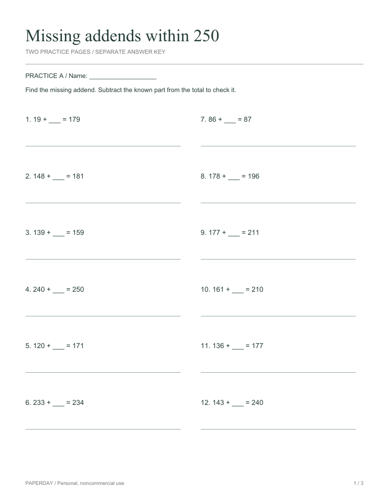 Page one of Missing addends within 250 - practice and answers