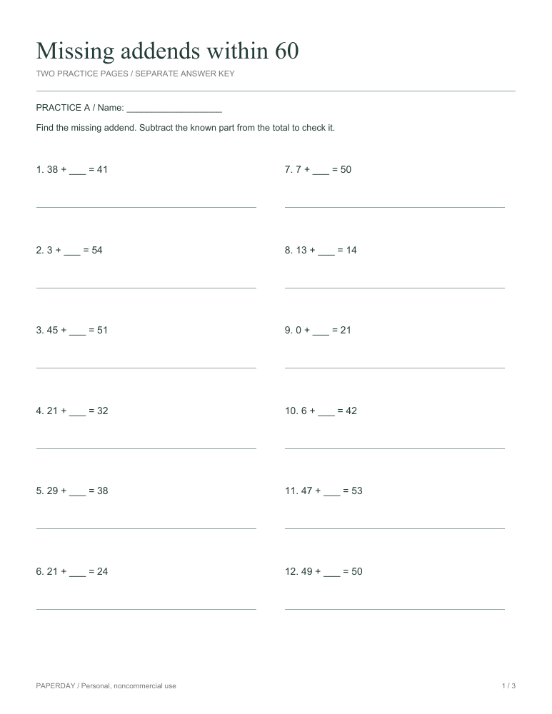 Page one of Missing addends within 60 - practice and answers