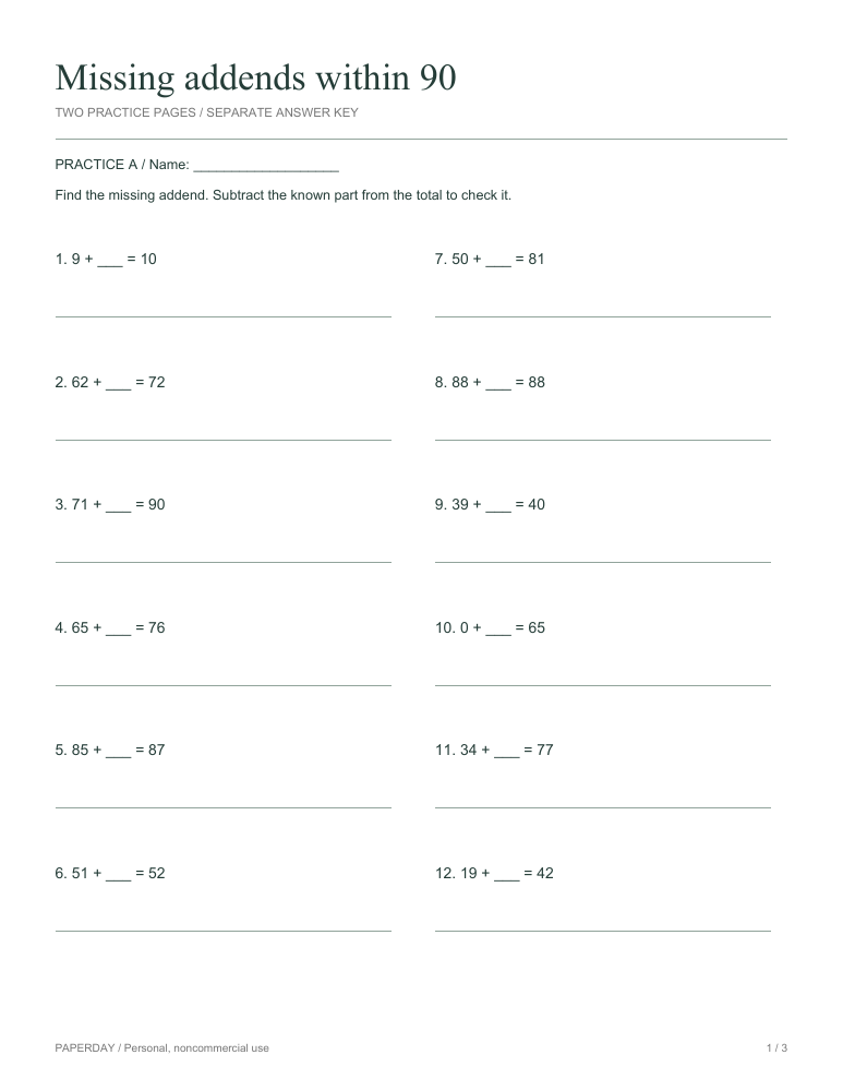 Page one of Missing addends within 90 - practice and answers