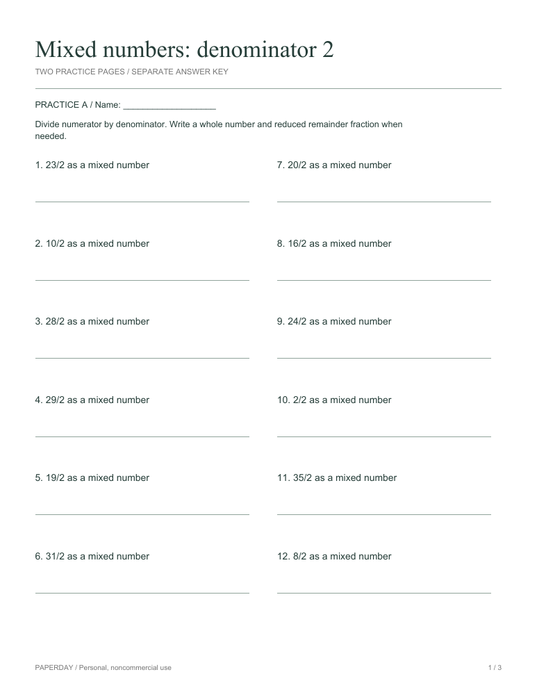 Preview of Mixed numbers: denominator 2 - practice and answers