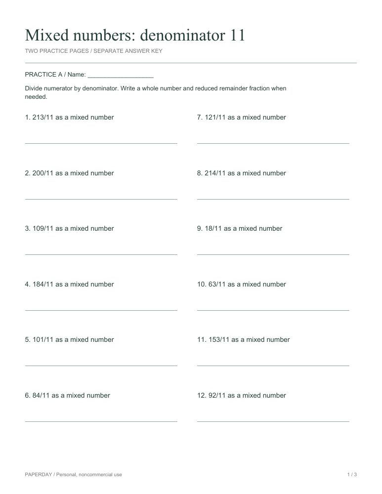 Preview of Mixed numbers: denominator 11 - practice and answers