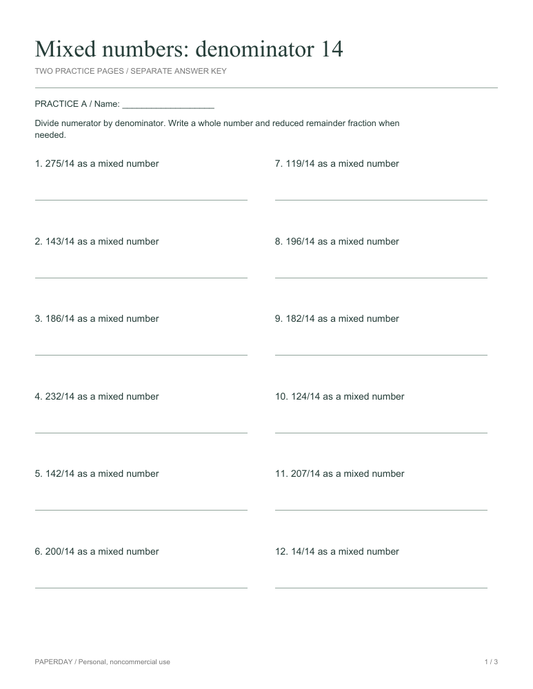 Preview of Mixed numbers: denominator 14 - practice and answers