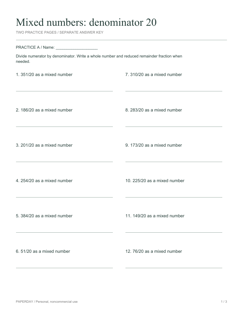 Preview of Mixed numbers: denominator 20 - practice and answers
