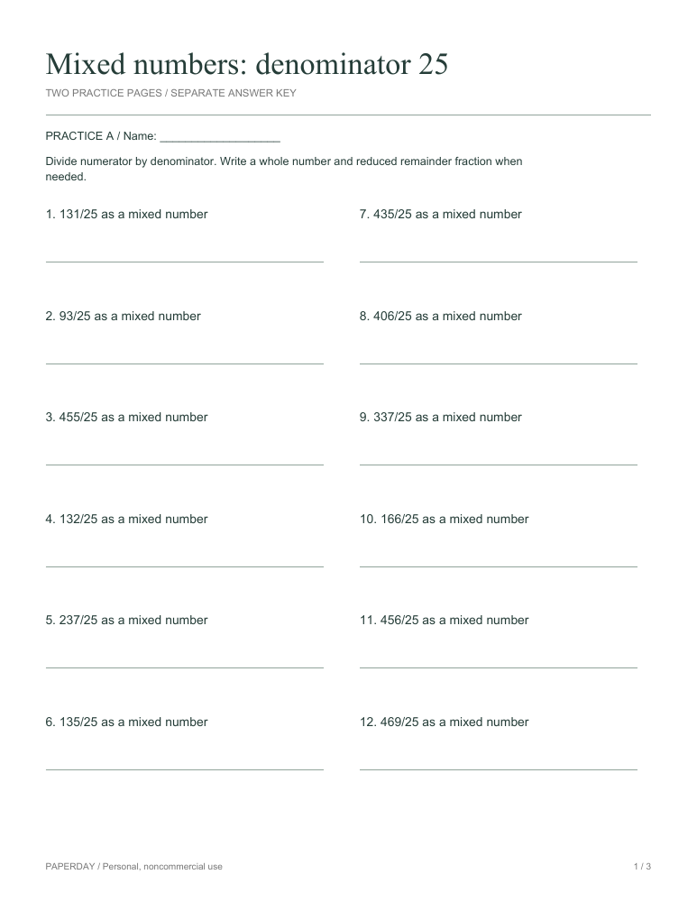 Preview of Mixed numbers: denominator 25 - practice and answers