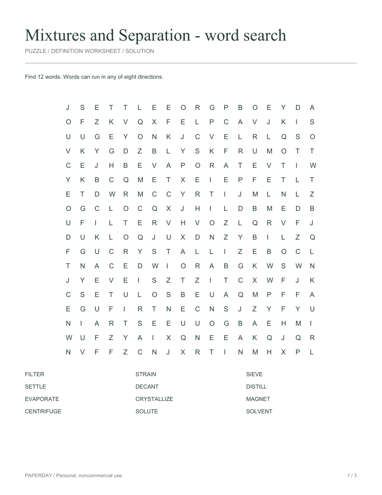 Preview of Mixtures and Separation Word Search
