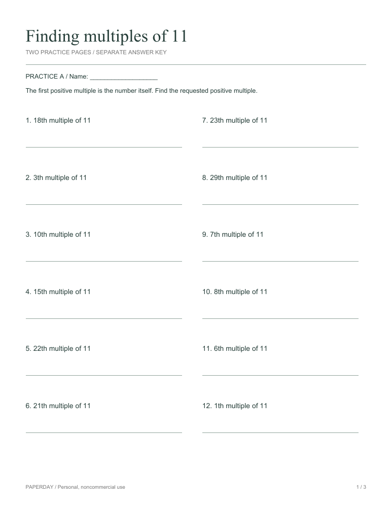 Page one of Finding multiples of 11 - practice and answers