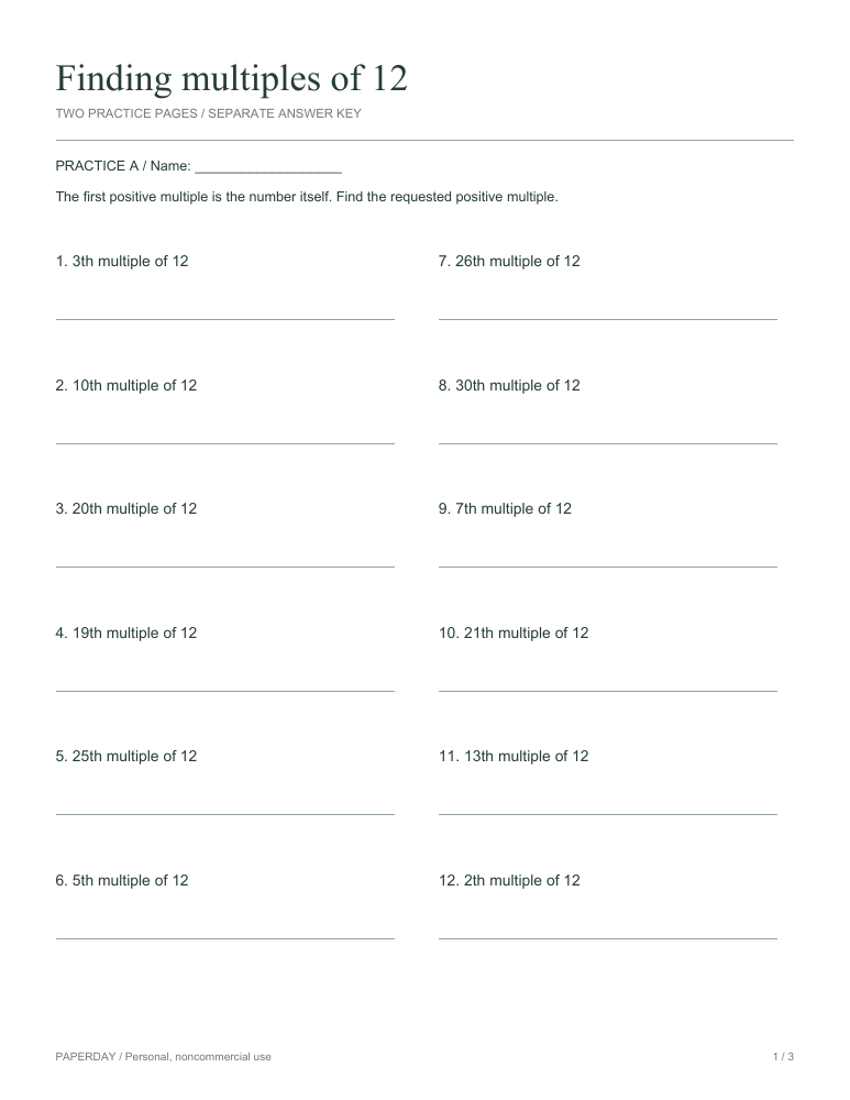 Page one of Finding multiples of 12 - practice and answers