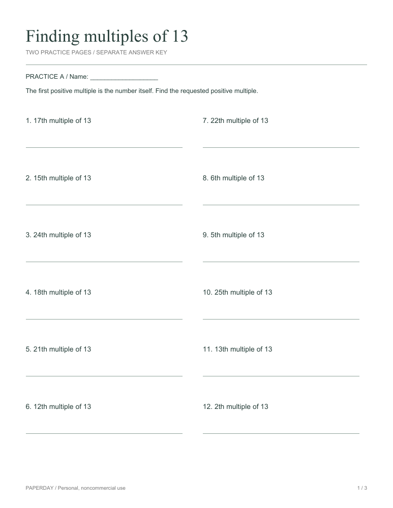 Page one of Finding multiples of 13 - practice and answers