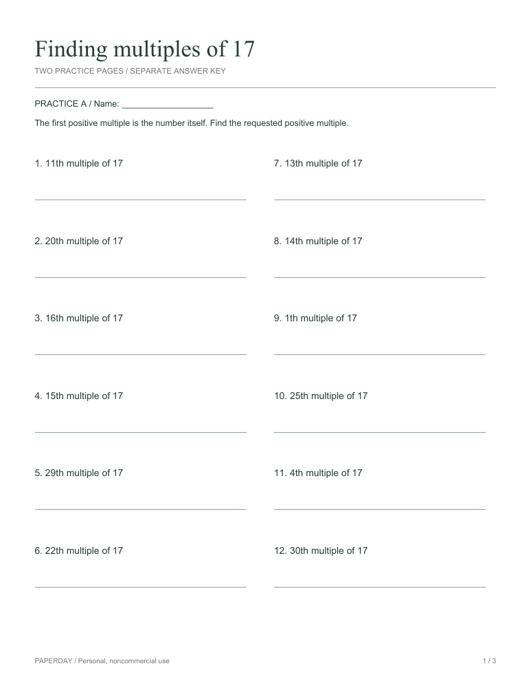 Page one of Finding multiples of 17 - practice and answers