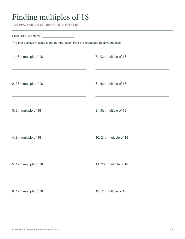 Page one of Finding multiples of 18 - practice and answers